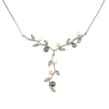 A diamond and cultured pearl necklace and a cubic zirconia pendant.Stamped 375.Length of necklace