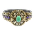 A chrysoprase and amethyst bangle.Inner diameter 5.7cms.