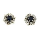 A pair of sapphire and diamond earrings.Butterfly backers stamped 585.Length 0.8cm.