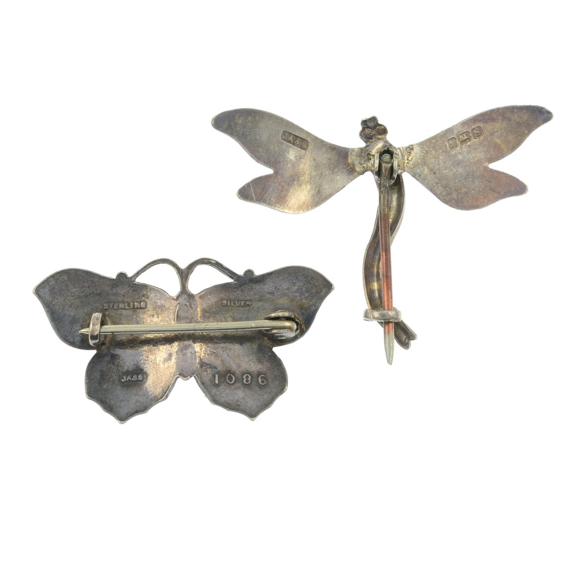A purple enamel butterfly brooch and a blue enamel dragonfly brooch, - Image 2 of 2