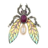 A plique-a-jour enamel bee brooch with ruby,