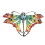 A plique-a-jour enamel dragonfly brooch with ruby and topaz detail.May be worn as a pendant.Stamped