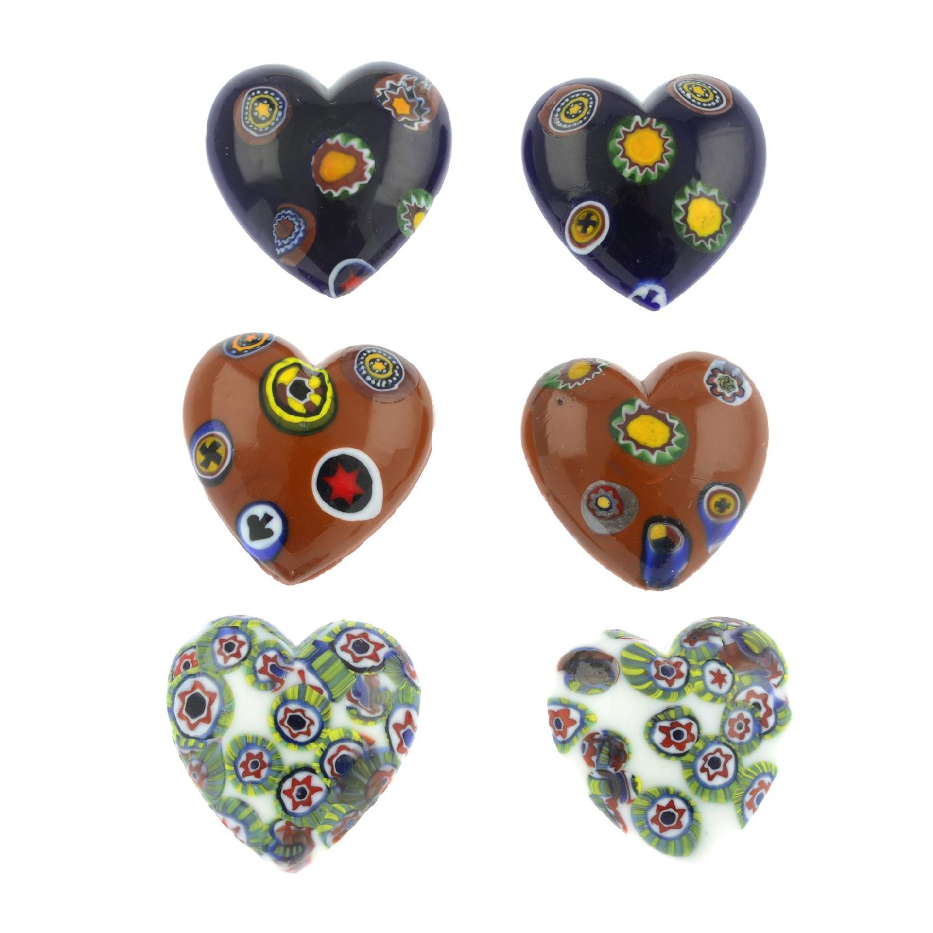 One-hundred-and-twenty vintage milliefiori glass hearts and cabochons.