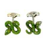 A pair of green and yellow enamel snake cufflinks,