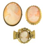 A 9ct gold cameo brooch with four further brooches and a 9ct cameo ring.Ring with hallmarks for