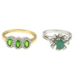 A 9ct tsavorite and diamond ring and an emerald and diamond ring.One with hallmarks for Birmingham.