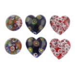 One-hundred-and-twenty vintage milliefiori glass hearts and cabochons.