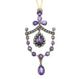 A diamond, amethyst and split pearl pendant with chain.