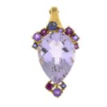 An amethyst and gem-set pendant, gems include pink tourmaline, iolite and amethyst.Stamped 333.