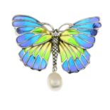 A plique-a-jour enamel butterfly brooch with cultured pearl drop detail.Stamped 925.Width 4.7cms.