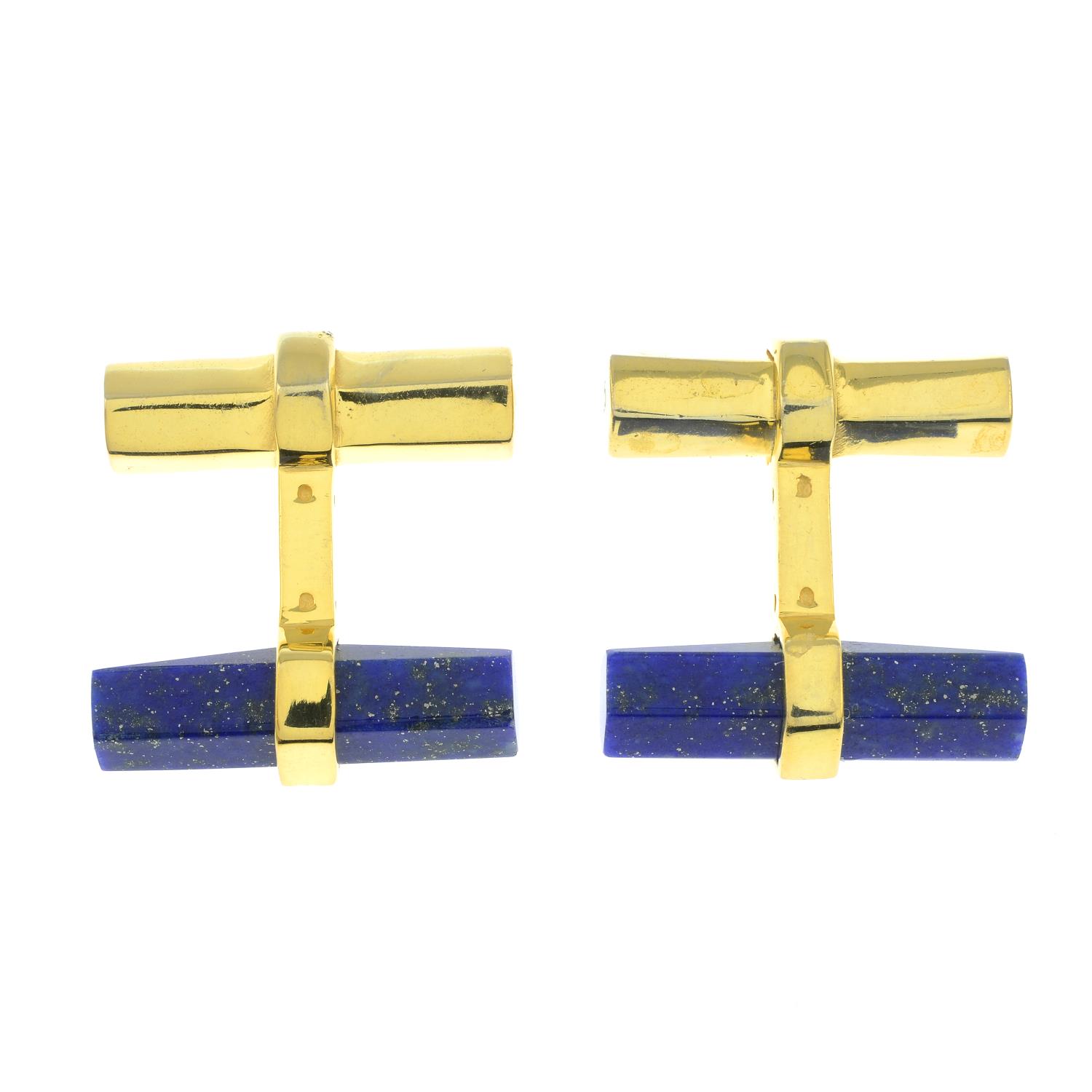 A pair of lapis lazuli cufflinks.Stamped 925.Length 2.5cms.