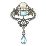 A topaz, cultured pearl and diamond brooch.Length 4.2cms.