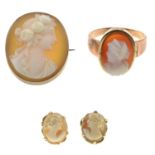 A cameo ring, brooch and earrings.Two stamped 9ct.Ring size I.
