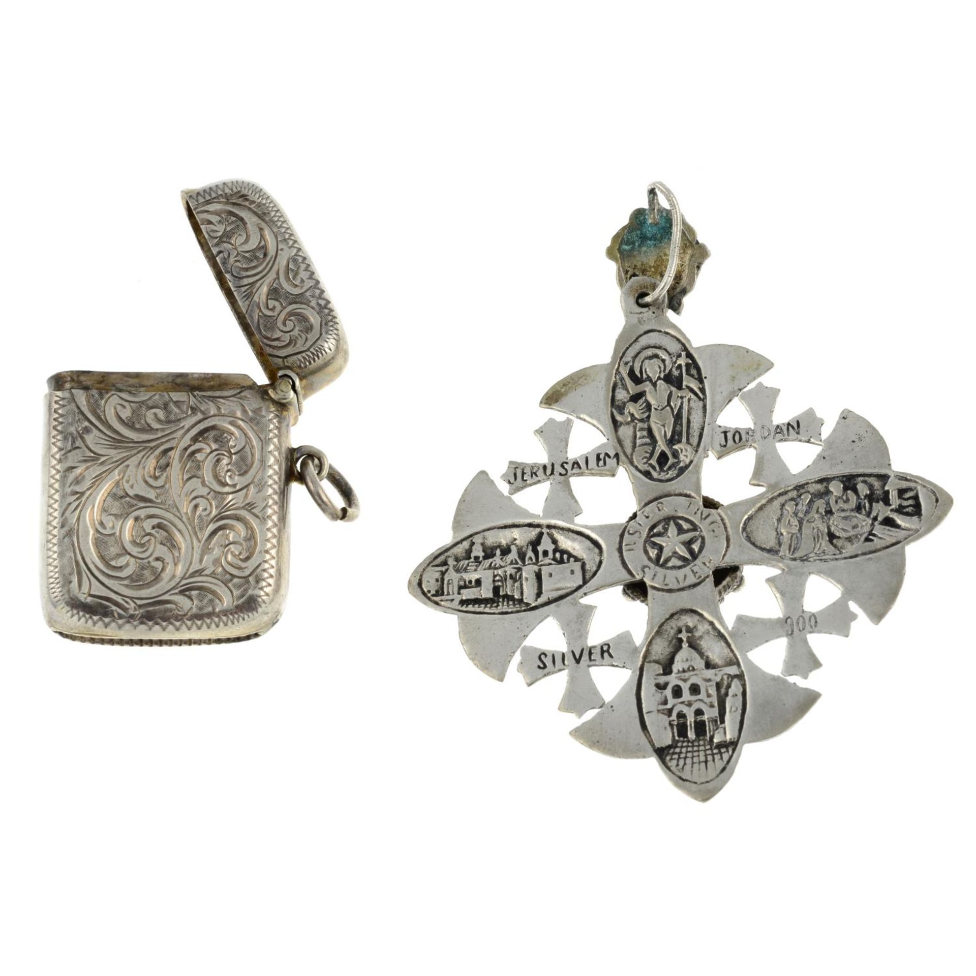 A silver vesta case and a cross pendant.Stamps for silver.Length of vesta 4.0cms. - Image 2 of 2