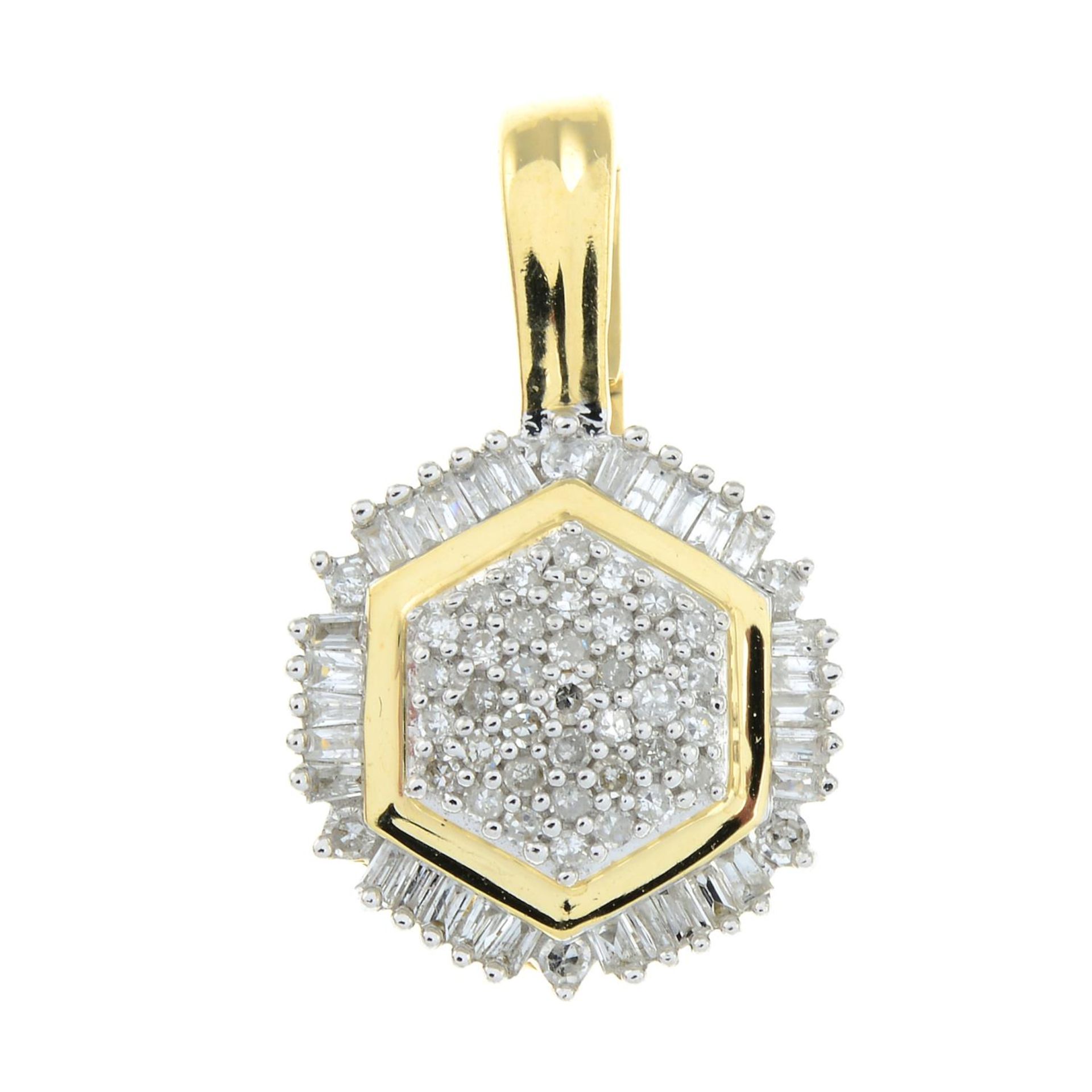 A single and baguette-cut diamond cluster pendant.Estimated total diamond weight 0.50ct.Stamped