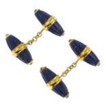 A pair of lapis lazuli and ruby cufflinks.Length 3.5cms.