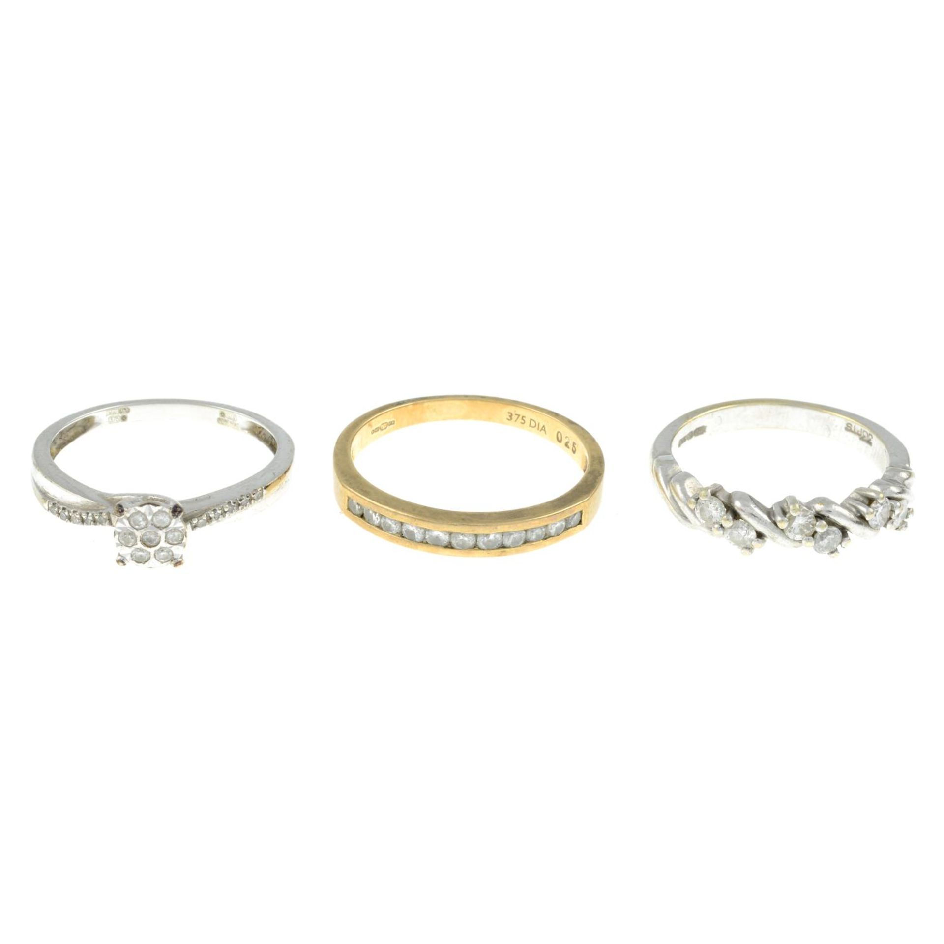 Three 9ct gold diamond rings.