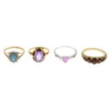 Four 9ct gold gem set rings.