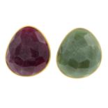 A selection of two faceted agate rings and two pairs of ruby and sapphire stud earrings,