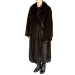 A full-length dark ranch mink coat.