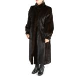 A full-length dark ranch mink coat.