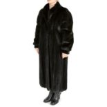 A full-length black mink coat.