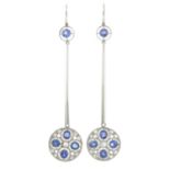 A pair of sapphire, old and rose-cut diamond fancy drop earrings.Length 7cms.