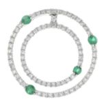 An emerald and brilliant-cut diamond circular pendant.Total emerald weight 0.09ct.Total diamond