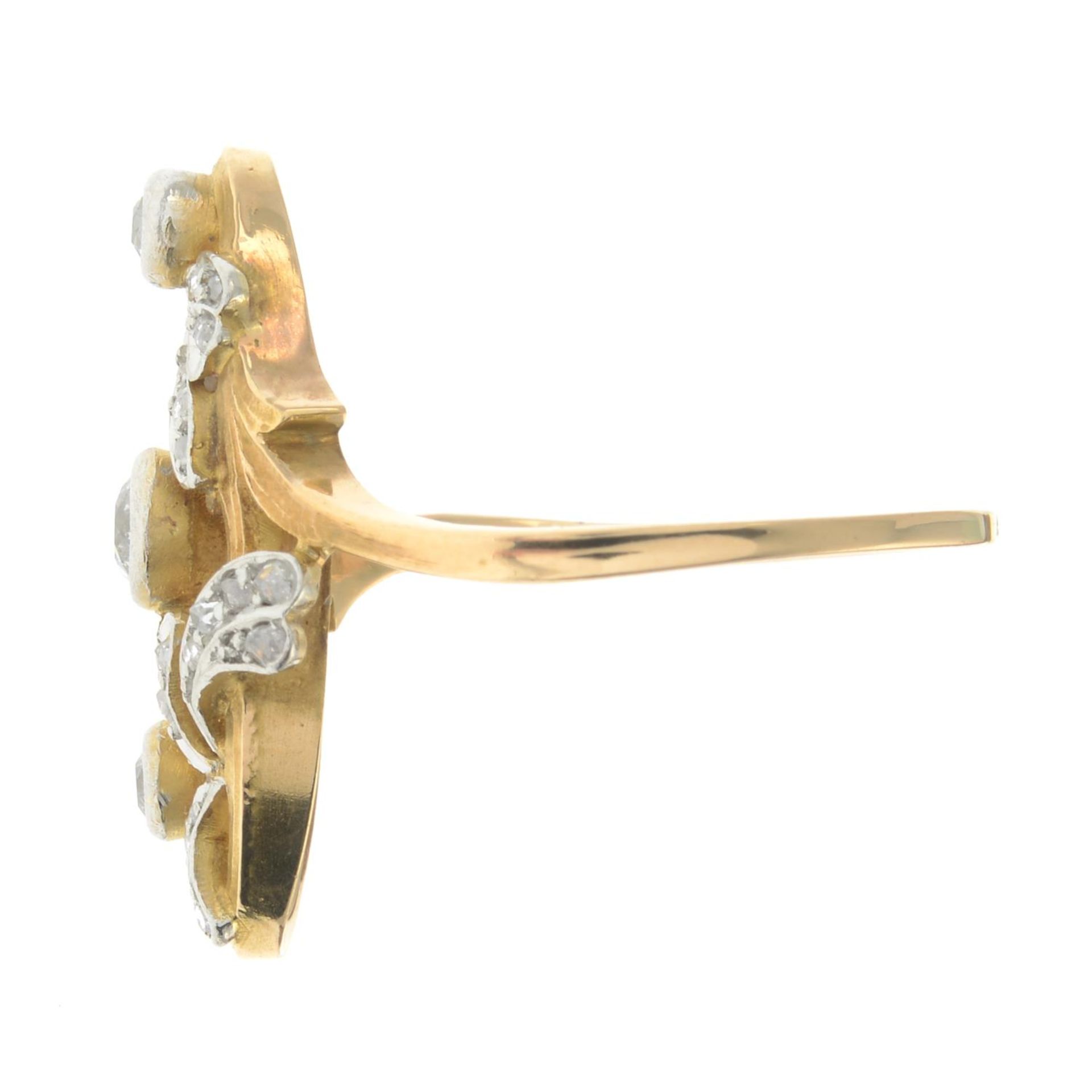 An Art Nouveau 18ct gold old and rose-cut diamond dress ring.Estimated old-cut diamond weight - Image 2 of 3