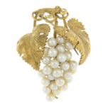 A cultured pearl brooch, with textured foliate details.