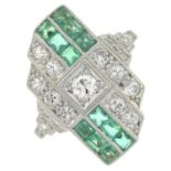 An Art Deco 18ct gold emerald and brilliant-cut diamond dress ring.Estimated total diamond weight