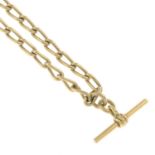 A 9ct gold Albert chain, suspending a T-bar.Hallmarks for Birmingham, 1993.Length 53cms.