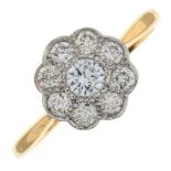 A mid 20th century 18ct gold brilliant-cut diamond cluster ring.Estimated total diamond weight