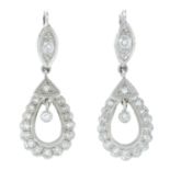 A pair of brilliant-cut diamond drop earrings.Estimated total diamond weight 0.40ct.