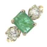 An 18ct gold emerald and brilliant-cut diamond three-stone ring.Estimated total diamond weight