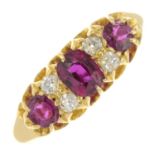 An Edwardian 18ct gold ruby and old-cut diamond dress ring.Estimated total diamond weight