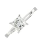 A platinum square-shape diamond single-stone ring.Diamond weight 1ct,