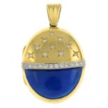 An 18ct gold brilliant-cut diamond and blue enamel locket,