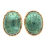 A pair of oval emerald cabochon earrings.Length 1cm.