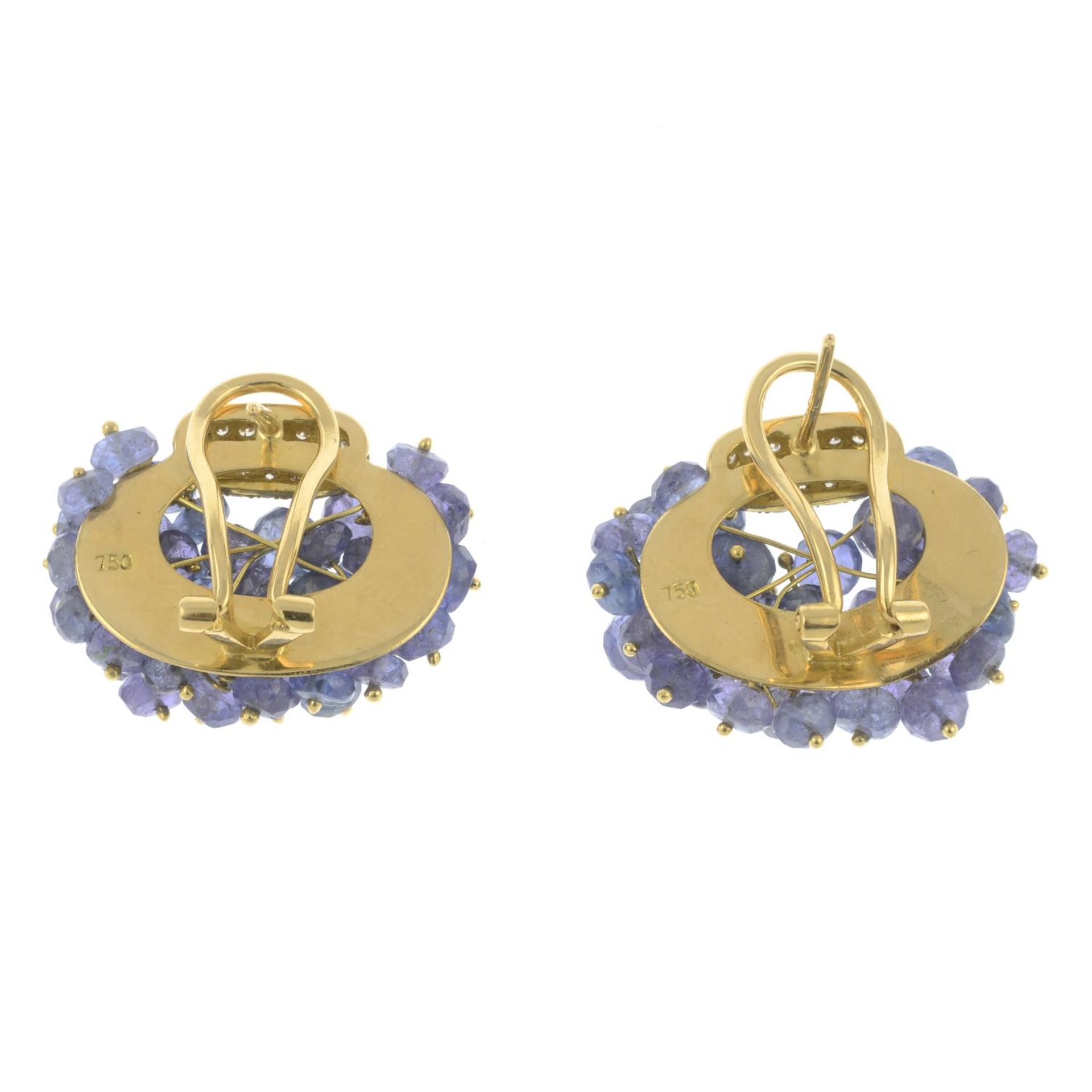 A pair of brilliant-cut diamond and sapphire bead cluster earrings. - Image 2 of 2