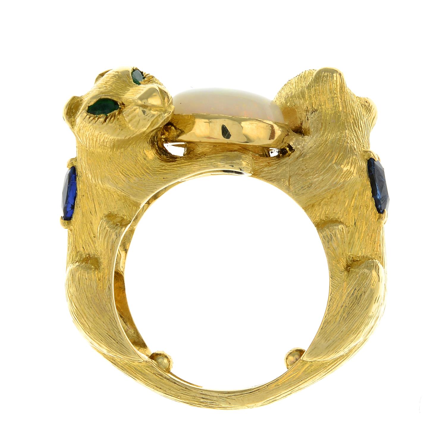 A ring, designed as two gem-set cats, holding an opal cabochon. - Image 2 of 4