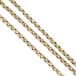 An early 20th century 9ct gold three-row belcher-link longuard chain.Stamped 9ct.