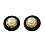 A pair of 18ct gold cultured pearl and onyx stud earrings.Approximate dimensions of one cultured