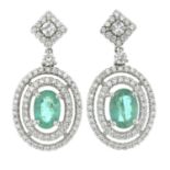 A pair of emerald and brilliant-cut diamond drop earrings.Total emerald weight 1.22cts,