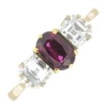 An 18ct gold ruby and square-shape diamond three-stone ring.Estimated total diamond weight 0.60ct,