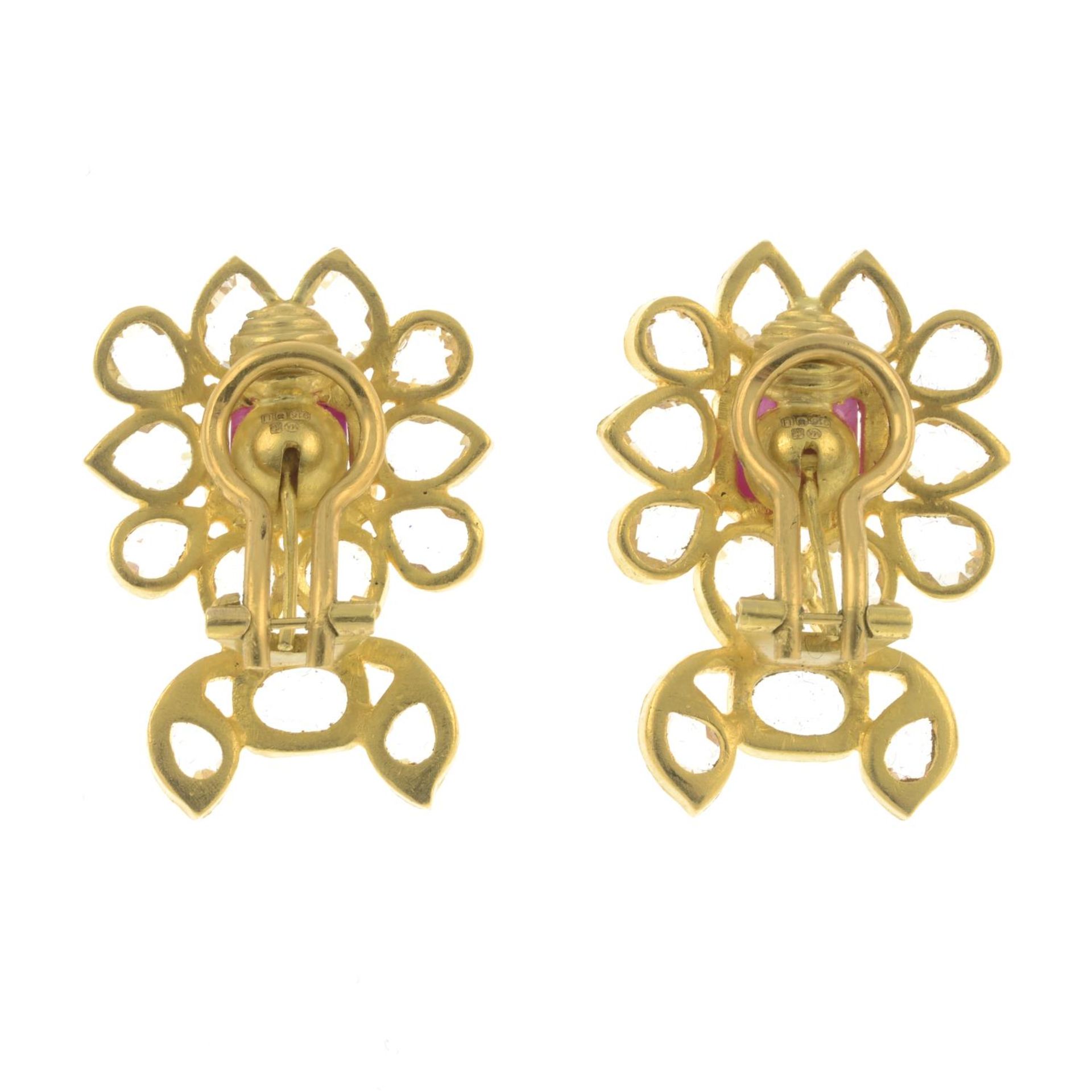 A pair of 22ct gold rock crystal and pink gem cluster earrings.Hallmarks for London.Length 3.5cms. - Image 2 of 2