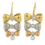 A pair of brilliant-cut diamond tri-colour bow earrings.Total diamond weight 0.66ct,