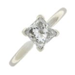 A square-shape diamond single-stone ring.Estimated diamond weight 1ct, H-I colour, P1-P2 clarity.