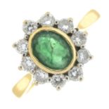 An 18ct gold emerald and brilliant-cut diamond cluster ring.Estimated total diamond weight 0.50ct,