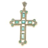 A brilliant-cut diamond and emerald cross pendant.Estimated total diamond weight 1ct.Length 7cms.